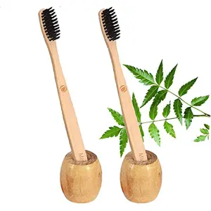 Mini Storify Truly Organic 2.Bamboo toothbrush stand | 2. bamboo tooth brush - Charcoal Soft Bristles,Oral Cleaning, Biodegradable (PACK OF 4)
