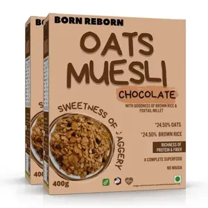 Born Reborn Oats Muesli with Honey and Jaggery - Breakfast Cereal - No Added Refined Sugar (Chocolate Pack of 2)