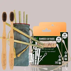 Mini Storify Truly Organic 2.Bamboo Cotton ear buds / 160 Swabs,2.Adult bamboo tooth brush ,6.Bamboo Straw (8")(PACK OF 10)