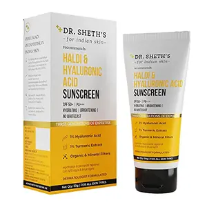 Dr. Sheth's Haldi & Hyaluronic Acid Cream With 1% Hyaluronic Acid & 1% Turmeric Extract Spf 50+ PA+++ Hydrating & Brightening Protects Against UVA/UVB & Blue Light For Unisex 50g