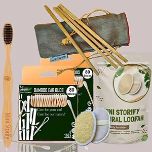 Mini Storify Truly Organic 2.Bamboo Cotton ear buds 1. Adult bamboo tooth brush,2 Oval Loofah/Loufah Pads, Sponge 4. Bamboo Straw (8 inch) (PACK-9)