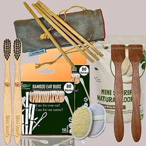 Mini Storify Truly Organic2.Bamboo Cotton ear buds 2. bamboo tooth brush 2.Pure Neem Wood Tongue Cleaner 2 Oval Loofah 4. Bamboo Straw (PACK OF 12)