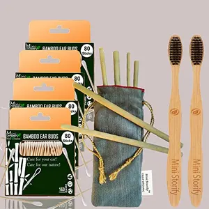 Mini Storify Truly Organic 4.Bamboo Cotton Ear Bud 2.Adult Bamboo Toothbrush - Charcoal Soft Bristles,Oral Care,6.Bamboo Straw (8 inch) (Pack-12)