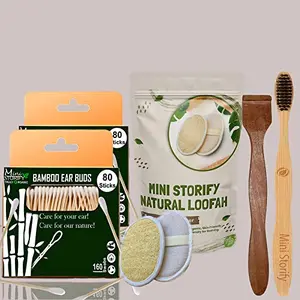 Mini Storify Truly Organic2.Bamboo Cotton ear buds 1. Adult bamboo tooth brush , 1.Pure Neem Wood Tongue Cleaner 2 Oval Loofah Sponge (PACK OF 6)