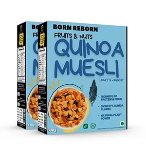 Born Reborn Superfood Quinoa Muesli with Honey Fruits and Nuts Breakfast Cereal High in Protein and High in Fiber No Added Sugar 400g |Diet Food | Wholegrain Muesli (Pack of 2)