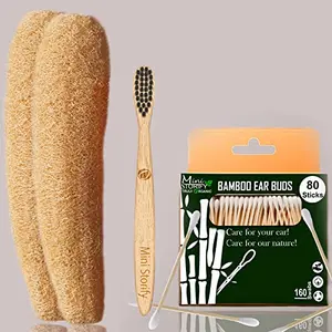 Mini Storify Truly Organic 1.Bamboo Cotton ear bud 1.bamboo toothbrush - Charcoal Soft Bristles,2.Loufah Body scrubber (PACK OF 4)