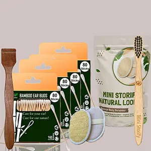 Mini Storify Truly Organic 4.Bamboo Cotton ear bud1.bamboo toothbrush,1.Pure Neem Tongue Cleaner,2 Oval Loofah/Loufah Pad, Sponge (PACK-8)