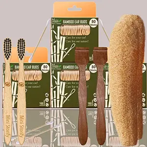 Mini Storify Truly Organic 4.Bamboo Cotton ear bud2.bamboo toothbrush,,2.Pure Neem Tongue Cleaner forAdults,2.Loufah Sponge Body scrubber (PACK-10)