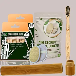 Mini Storify Truly Organic2.Bamboo Cotton ear buds , 1. bamboo tooth brush, 1. bamboo travel case, 2 Oval Loofah/Loufah Pads, Sponge (PACK OF 6)