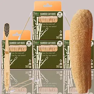 Mini Storify Truly Organic 4.Bamboo Cotton ear bud 1.bamboo toothbrush - Charcoal Soft Bristles,2.Loufah Body scrubber (PACK OF 7)