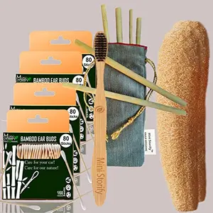 Mini Storify Truly Organic 4.Bamboo Cotton ear bud /1.Adult bamboo tooth brush ,Natural 2.Loofah Pad,6.Bamboo Straw(8")PACK-13)