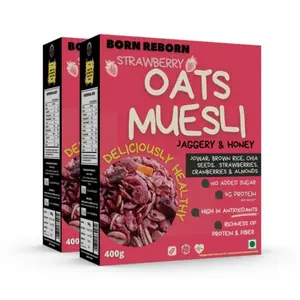 Born Reborn Strawberry Muesli with Honey and Jaggery | Breakfast Cereal | Breakfast Cereal | High in Iron| Source of Fibre (Strawberry Pack of 2)
