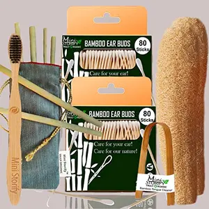 Mini Storify Truly Organic 2.Bamboo Cotton Ear Bud1.Adult Bamboo Toothbrush,1.Bamboo Tongue Cleaner,2.Loufah Sponge 6.Bamboo Straw (8") (Pack-12)