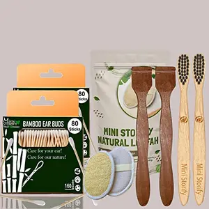 Mini Storify Truly Organic2.Bamboo Cotton ear buds 2. bamboo tooth brush , 2.Pure Neem Wood Tongue Cleaner 2 Oval Loofah Sponge (PACK OF 8)