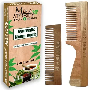 Mini Storify Truly Organic Kacchi Neem Wood Comb - Pack of 2 - Handmade Wooden Combs for Women and Men  Handle and Pocket Comb