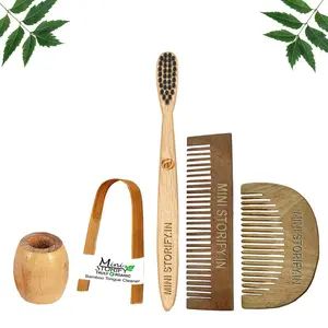 Mini Storify Truly Organic 1 Neem Beard Comb 1 Neem Pocket Comb |1 bamboo toothbrush|1 Bamboo Tongue cleaner|1 Bamboo brush stand Pack of 5