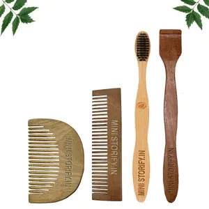 Mini Storify Truly Organic 1 Neem Beard Comb 1 Neem Pocket Comb |1 Adult bamboo toothbrush|1 Neem Tongue Cleaner Pack of 4