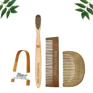 Mini Storify Truly Organic 1 Neem Beard Comb 1 Neem Pocket Comb 100% Handmade, Anti- Dandruff |1 bamboo toothbrush|1 Bamboo Tongue cleaner Pack of 4