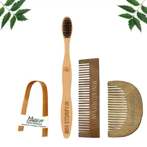 Mini Storify Truly Organic 1 Neem Beard Comb 1 Neem Pocket Comb |1 Adult bamboo toothbrush|1 Bamboo Tongue cleaner Pack of 4