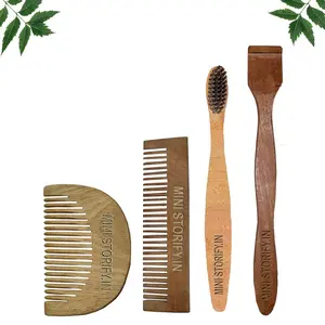 Mini Storify Truly Organic 1 Neem Beard Comb 1 Neem Pocket Comb 100% Handmade, Anti- Dandruff |1 Neem toothbrush|1 Neem Tongue Cleaner Pack of 4