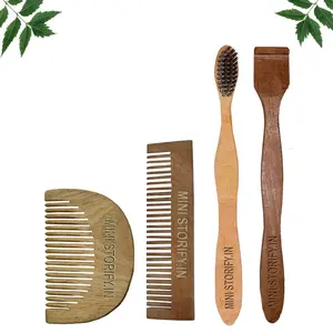 Mini Storify Truly Organic 1 Neem Beard Comb 1 Neem Pocket Comb Anti- Dandruff |1 Neem adult toothbrush|1 Neem Tongue Cleaner Pack of 4