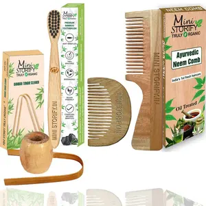Mini Storify Truly Organic Pack of 4 (Combo)  1 Neem Beard Comb, 1 Neem Dressing Comb, 1 Bamboo Toothbrush, 1 Neem Tongue Cleaner | 100% Handmade