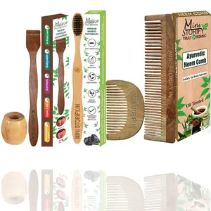 Mini Storify Truly Organic Pack of 5  1 Neem Beard Comb 1 Neem Dressing Comb 1 Adult Bamboo Toothbrush 1 Neem Tongue Cleaner 1 Bamboo Brush Stand |
