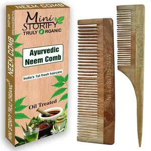 Mini Storify Truly Organic Kacchi Neem Wood Comb - Pack of 2 - Handmade Wooden Combs for Women and Men  Dressing and Tail Comb
