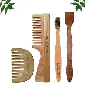 Mini Storify Truly Organic 1 Neem Beard Comb 1 Neem Handle Comb 100% Handmade |1 Neem toothbrush|1 Neem Tongue Cleaner Pack of 4