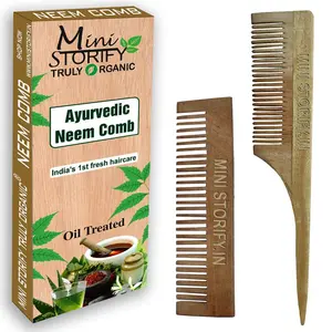 Mini Storify Truly Organic Kacchi Neem Wood Comb - Pack of 2 - Handmade Wooden Combs for Women and Men  Tail and Pocket Comb