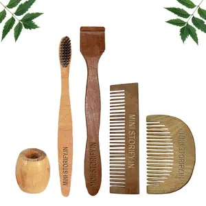 Mini Storify Truly Organic 1 Neem Beard Comb 1 Neem Pocket Comb |1 Neem toothbrush|1 Neem Tongue Cleaner|1 Bamboo brush stand Pack of 5