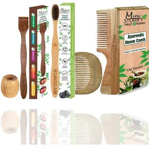 Mini Storify Truly Organic Pack of 5  1 Neem Beard Comb 1 Neem Handle Comb 1 Adults Bamboo Toothbrush 1 Neem Tongue Cleaner 1 Bamboo Brush Stand