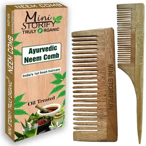 Mini Storify Truly Organic Kacchi Neem Wood Comb - Pack of 2 - Handmade Wooden Combs for Women and Men  Tail and Shampoo Comb