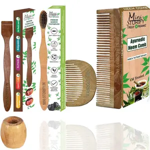 Mini Storify Truly Organic Pack of 5  1 Neem Beard Comb 1 Neem Dressing Comb 1 Neem Adult Toothbrush 1 Neem Tongue Cleaner 1 Bamboo Brush Stand |