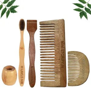 Mini Storify Truly Organic 1 Neem Beard Comb 1 Neem Shampu Comb |1 Adult bamboo toothbrush|1 Neem Tongue Cleaner|1 Bamboo brush stand Pack of 5
