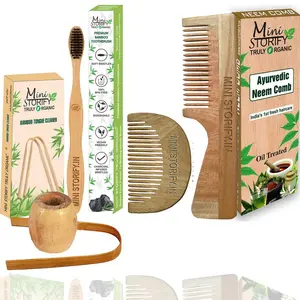 Mini Storify Truly Organic Pack of 5  1 Neem Beard Comb 1 Neem Handle Comb 1 Adults Bamboo Toothbrush 1 Bamboo Tongue Cleaner 1 Bamboo Brush Stand |