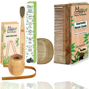 Mini Storify Truly Organic Pack of 5  1 Neem Beard Comb 1 Neem Dressing Comb 1 Bamboo Toothbrush 1 Bamboo Tongue Cleaner 1 Bamboo Brush Stand |