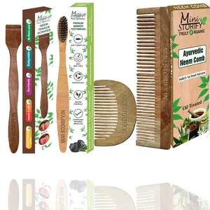 Mini Storify Truly Organic Pack of 4 (Combo)  1 Neem Beard Comb, 1 Neem Dressing Comb, 1 Neem Toothbrush, 1 Neem Tongue Cleaner | 100% Handmade