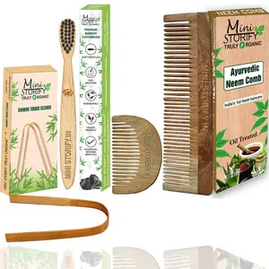 Mini Storify Truly Organic Pack of 4 (Combo)  1 Neem Beard Comb, 1 Neem Dressing Comb, 1 Bamboo Toothbrush, 1 Bamboo Tongue Cleaner | 100% Handmade