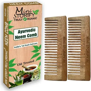 Mini Storify Truly Organic Kacchi Neem Wood Shampoo Combs - Pack of 2 - Handmade Wooden Combs for Women and Men