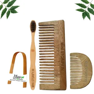 Mini Storify Truly Organic 1 Neem Beard Comb 1 Neem Shampu Comb 100% Handmade |1 Adult bamboo toothbrush|1 Bamboo Tongue cleaner Pack of 4