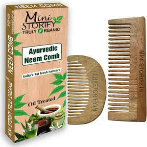 Mini Storify Truly Organic Kacchi Neem Wood Comb - Pack of 2 - Handmade Wooden Combs for Women and Men  Shampoo and Beard Comb