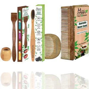 Mini Storify Truly Organic Pack of 5  1 Neem Beard Comb 1 Neem Dressing Comb 1 Neem Toothbrush 1 Neem Tongue Cleaner 1 Bamboo Brush Stand