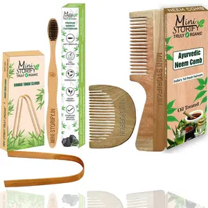 Mini Storify Truly Organic Pack of 4  1 Neem Beard Comb 1 Neem Handle Comb 1 Bamboo Adults Toothbrush 1 Bamboo Tongue Cleaner |