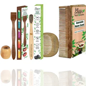 Mini Storify Truly Organic Pack of 5  1 Neem Beard Comb 1 Neem Dressing Comb 1 Bamboo Toothbrush 1 Neem Tongue Cleaner 1 Bamboo Brush Stand |