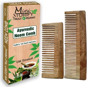 Mini Storify Truly Organic Kacchi Neem Wood Comb - Pack of 2 - Handmade Wooden Combs for Women and Men  Shampoo and Dressing Comb