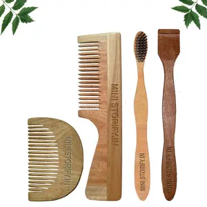 Mini Storify Truly Organic 1 Neem Beard Comb 1 Neem Handle Comb 100% Handmade |1 Neem adult toothbrush|1 Neem Tongue Cleaner Pack of 4