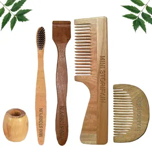 Mini Storify Truly Organic 1 Neem Beard Comb 1 Neem Handle Comb 100% Handmade |1 Neem toothbrush|1 Neem Tongue Cleaner|1 Bamboo brush stand Pack of 5