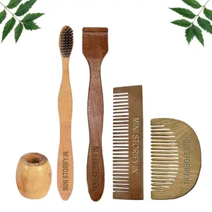 Mini Storify Truly Organic 1 Neem Beard Comb 1 Neem Pocket Comb |1 Neem adult toothbrush|1 Neem Tongue Cleaner|1 Bamboo brush stand Pack of 5