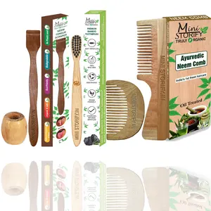 Mini Storify Truly Organic Pack of 5  1 Neem Beard Comb 1 Neem Handle Comb 1 Bamboo Toothbrush 1 Neem Tongue Cleaner 1 Bamboo Brush Stand |
